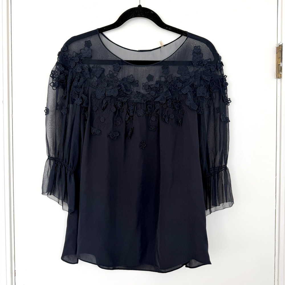 Elie Tahari 100% Silk Black 3D Floral Applique Lace Mesh Blouse Ruffle Sleeve XS